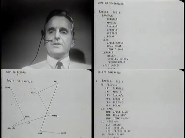 images extraites de la présentation du oN-Line System system par Douglas Engelbart (vidéo dite « Mother of all demos »)